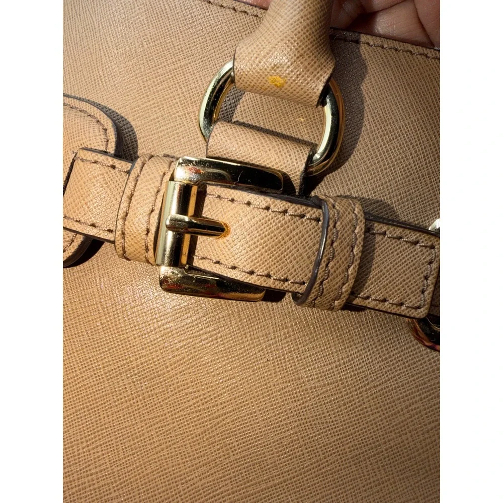 Michael Kors Hamilton Satchel Luggage Brown Saffiano Leather Handbag Gold Tone